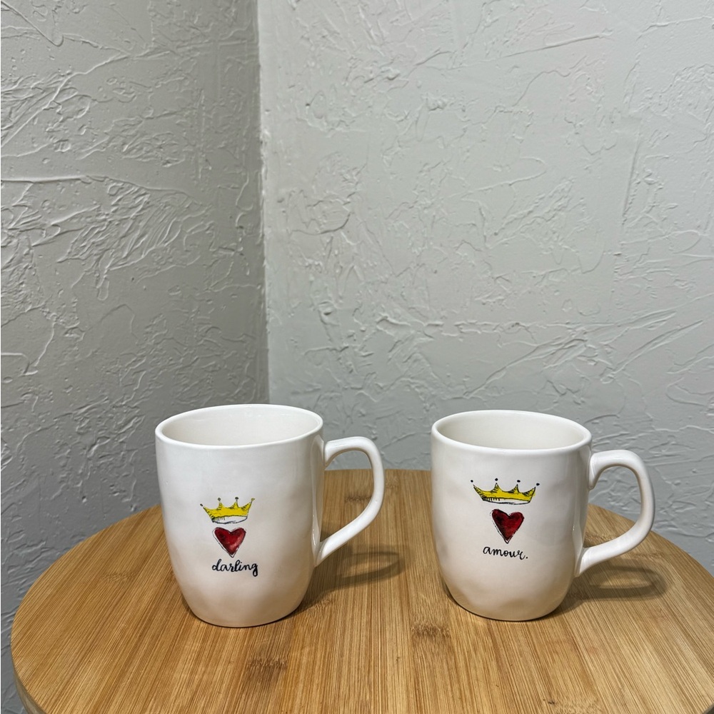 SET OF 2 Rae Dunn Crown Heart Double-Sided Ceramic Mugs - Darling, Amour